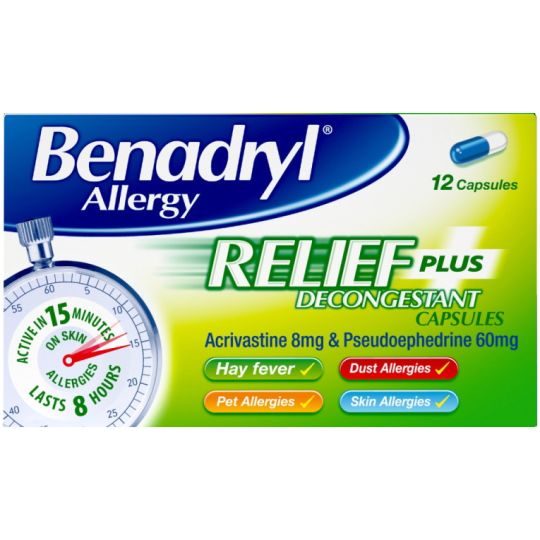 Benadryl Allergy Relief Plus Decongestant Capsules - 12 Pack