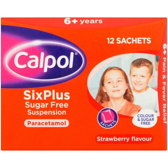 Calpol Six Plus Sugar Free Strawberry Flavour Suspension Sachets – 12x5ml