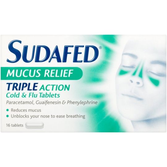 Sudafed Mucus Relief Triple Action Cold & Flu Tablets – 16 Pack